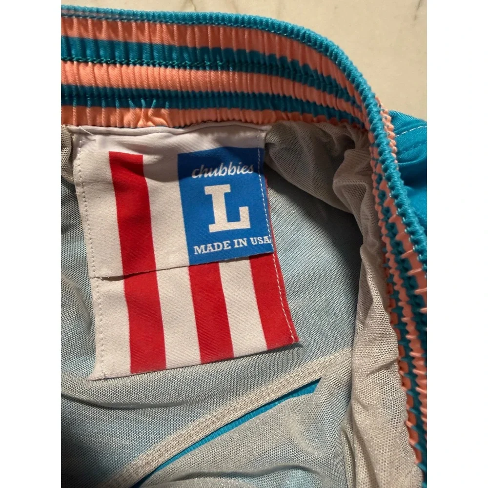 Chubbies Mens Swim Trunks Aqua Blue Pink Striped Waistband Mesh Lined Large